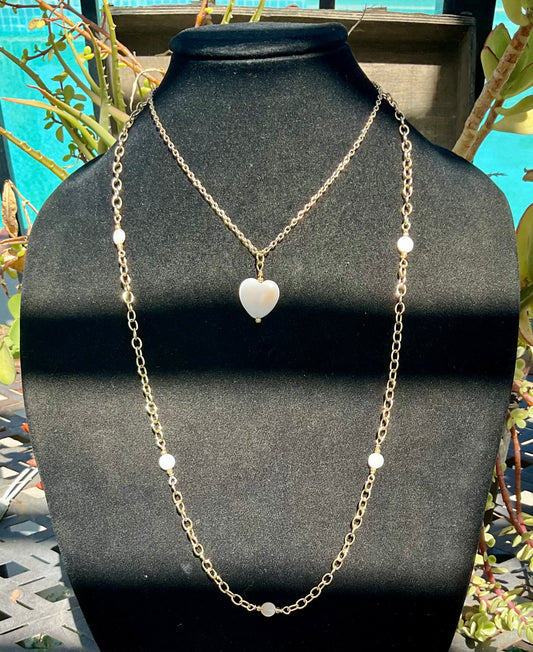MOTHER OF PEARL SHELL HEART PENDANT DOUBLE LAYERED NECKLACE