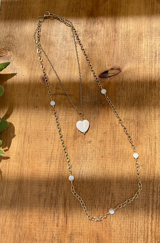 MOTHER OF PEARL SHELL HEART PENDANT DOUBLE LAYERED NECKLACE